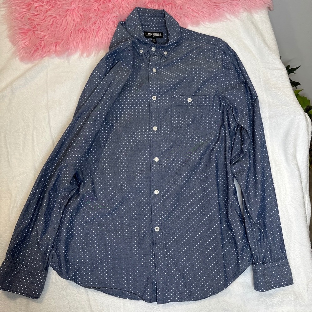 Express Mens Blue Polka‎ Dot Long Sleeve Button Down Shirt Small 14-14.5 Cotton - Picture 4 of 8